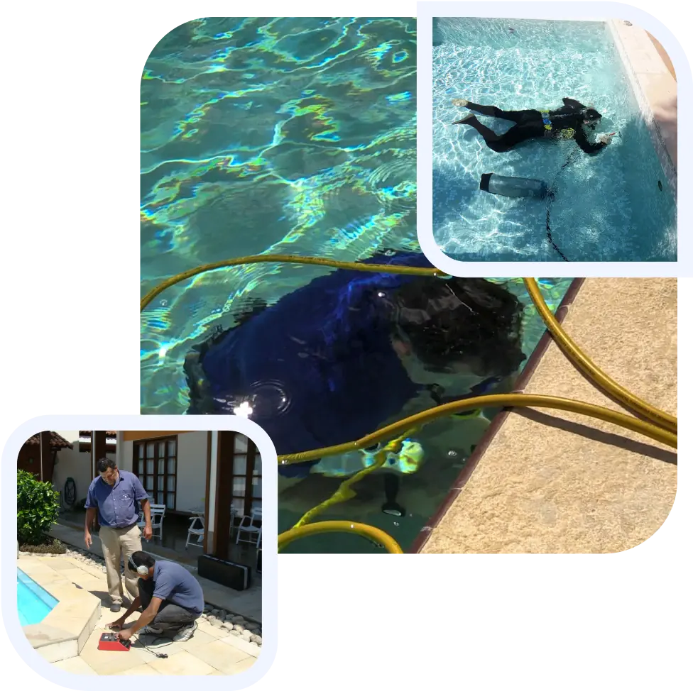 Collage com imagens de caça vazamento em piscinas, primeira imagem: foto de um profissional mergulhado, segunda imagem: profissional utilizando o aparelho geofone embaixo d'água, terceira foto: profissional utilizando o aparelho geofone ao lado de uma piscina