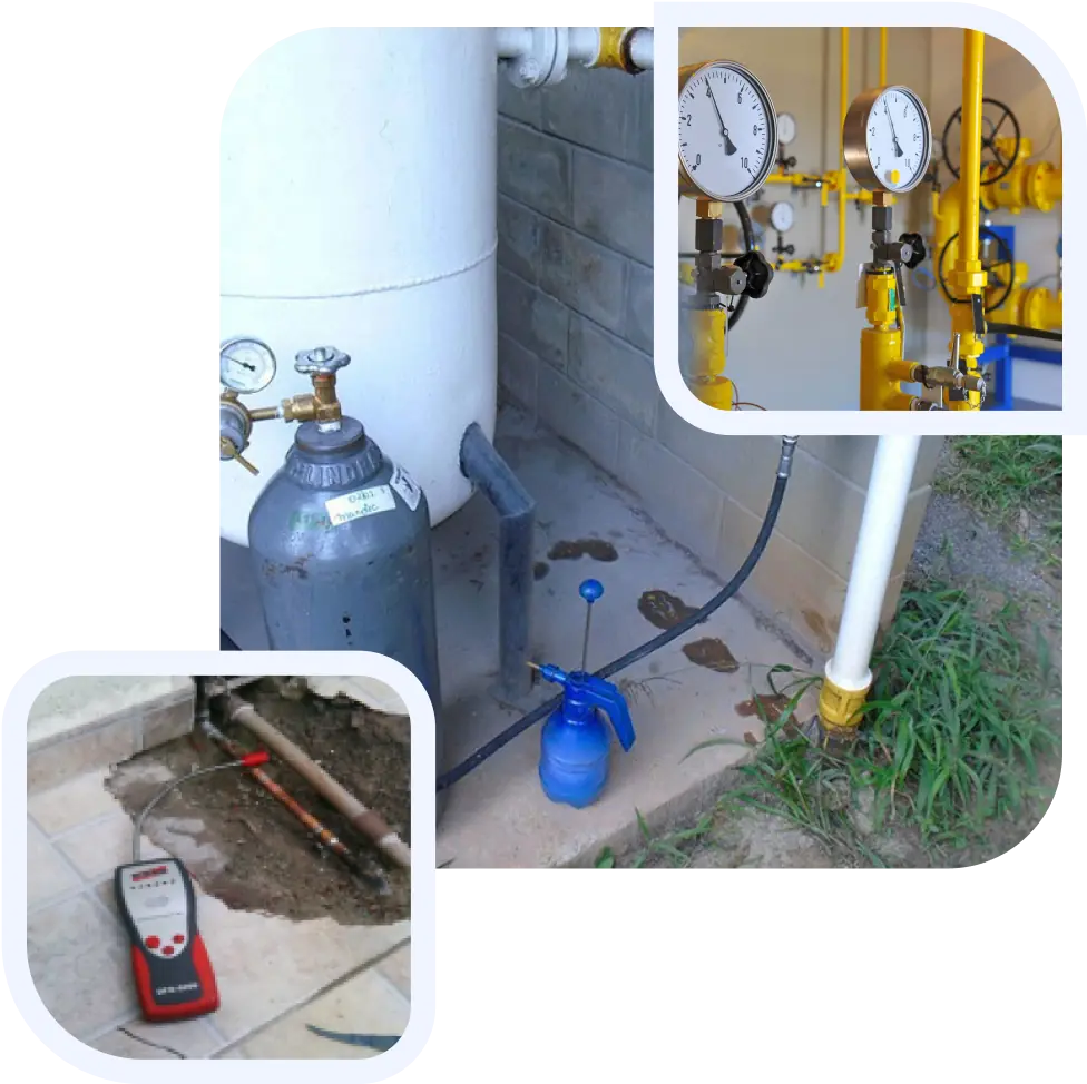 Collage com imagens de caça vazamento de gás, primeira imagem: medidores de pressão, segunda imagem: local com vazamento de gás, terceira foto: equipamento utilizado para detecção de vazamentos de gás