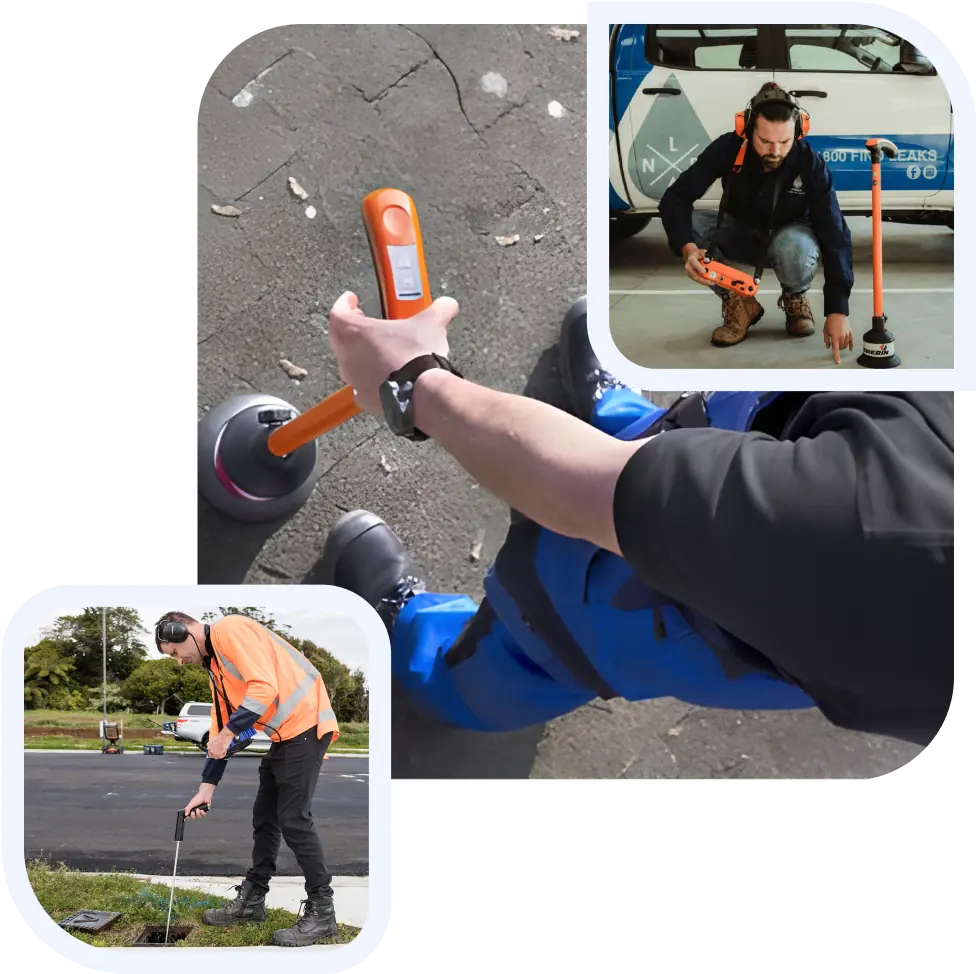 Collage com imagens de caça vazamento, primeira imagem: Profissional com geofone, segunda imagem: Geofone no chão, terceira foto: Profissional com vídeo inspeção em uma fossa